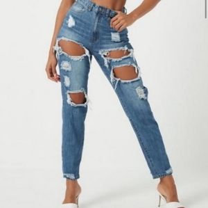 Missguided "Riot High-Rise Mom" Distressed Ripped Denim Jean